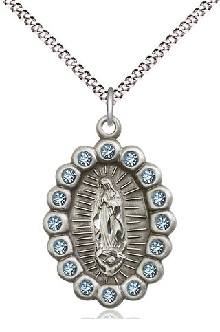 Pewter Our Lady of Guadalupe Medal with Aqua Swarovski stones Religious Jewelry