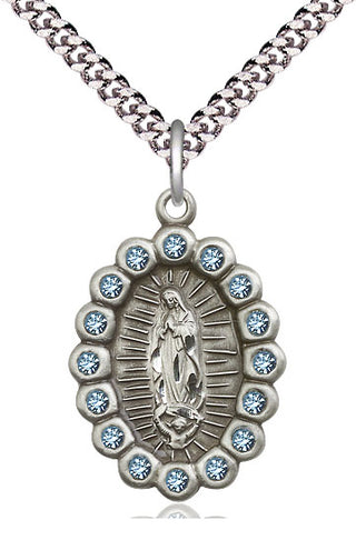 Pewter Our Lady of Guadalupe Medal with Aqua Swarovski stones Religious Jewelry