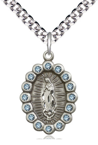 Pewter Our Lady of Guadalupe Medal with Aqua Swarovski stones Religious Jewelry