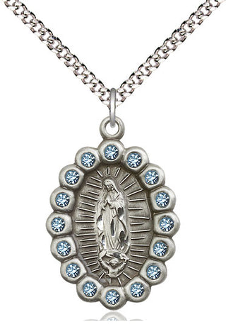 Pewter Our Lady of Guadalupe Medal with Aqua Swarovski stones Religious Jewelry
