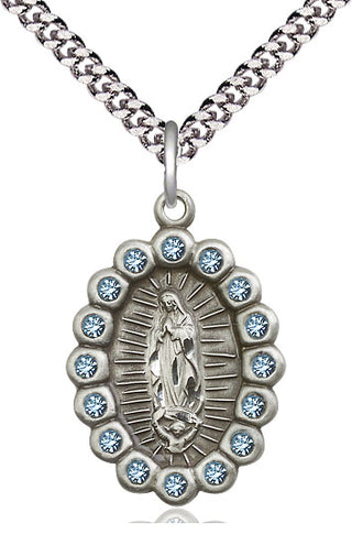 Pewter Our Lady of Guadalupe Medal with Aqua Swarovski stones Religious Jewelry