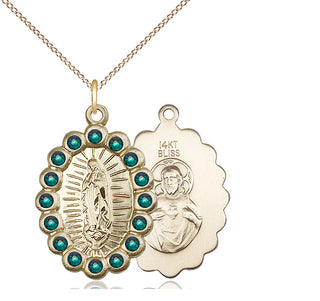 14kt Gold Our Lady of Guadalupe Medal with Emerald Swarovski stones