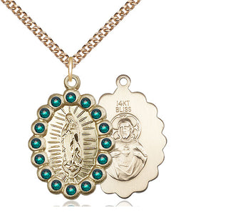 14kt Gold Our Lady of Guadalupe Medal with Emerald Swarovski stones