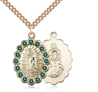 14kt Gold Our Lady of Guadalupe Medal with Emerald Swarovski stones