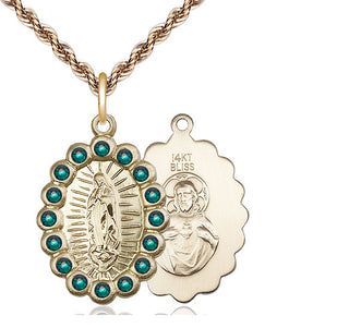 14kt Gold Our Lady of Guadalupe Medal with Emerald Swarovski stones