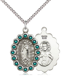 Pewter Our Lady of Guadalupe Medal with Emerald Swarovski stones Religious Jewelry
