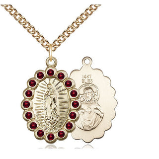 14kt Gold Our Lady of Guadalupe Medal with Garnet Swarovski stones