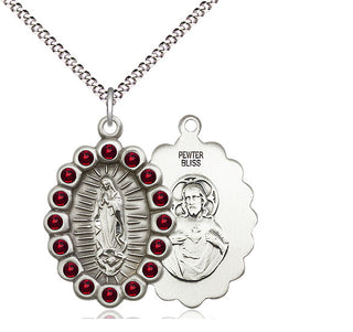 Pewter Our Lady of Guadalupe Medal with Garnet Swarovski stones Religious Jewelry