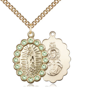 14kt Gold Our Lady of Guadalupe Medal with Peridot Swarovski stones