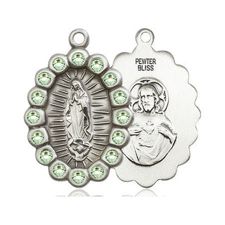 Pewter Our Lady of Guadalupe Medal with Peridot Swarovski stones