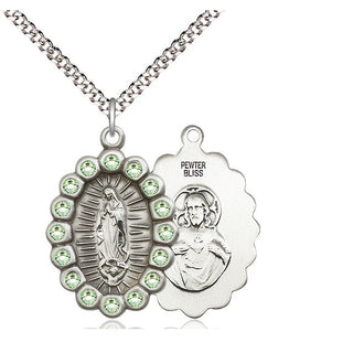 Pewter Our Lady of Guadalupe Medal with Peridot Swarovski stones Religious Jewelry