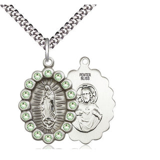 Pewter Our Lady of Guadalupe Medal with Peridot Swarovski stones Religious Jewelry