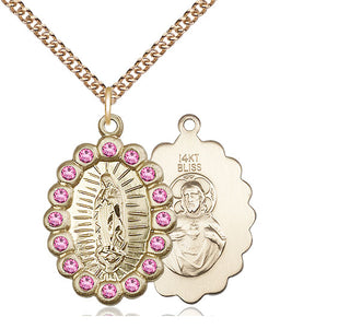 14kt Gold Our Lady of Guadalupe Medal with Rose Swarovski stones