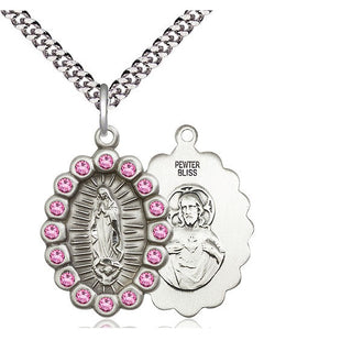 Pewter Our Lady of Guadalupe Medal with Rose Swarovski stones Religious Jewelry