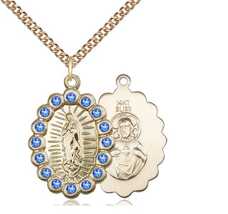 14kt Gold Our Lady of Guadalupe Medal with Sapphire Swarovski stones