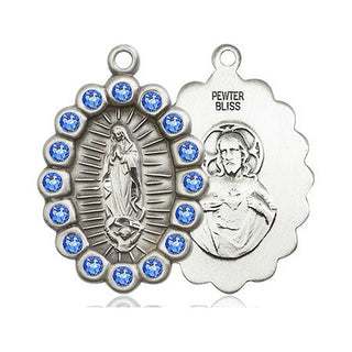 Pewter Our Lady of Guadalupe Medal with Sapphire Swarovski stones