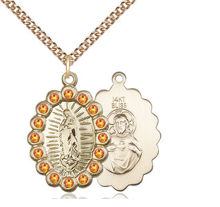 14kt Gold Our Lady of Guadalupe Medal with Topaz Swarovski stones