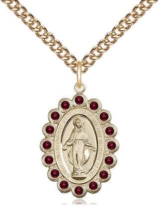 14kt Gold Miraculous Medal with Garnet Swarovski stones