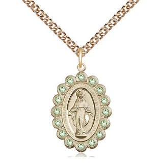 14kt Gold Miraculous Medal with Peridot Swarovski stones