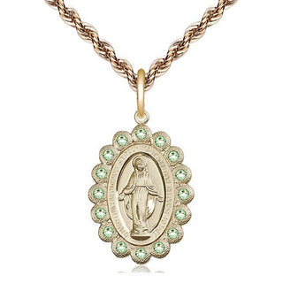 14kt Gold Miraculous Medal with Peridot Swarovski stones