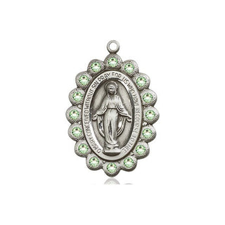 Pewter Miraculous Medal with Peridot Swarovski stones
