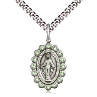 Pewter Miraculous Medal with Peridot Swarovski stones Religious Jewelry