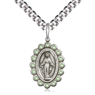 Pewter Miraculous Medal with Peridot Swarovski stones Religious Jewelry