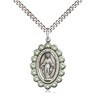 Pewter Miraculous Medal with Peridot Swarovski stones Religious Jewelry