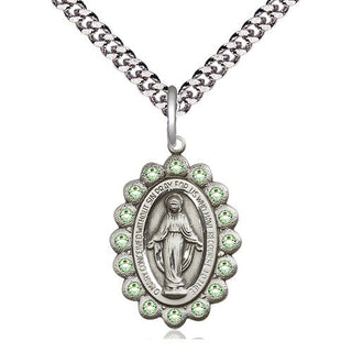 Pewter Miraculous Medal with Peridot Swarovski stones Religious Jewelry