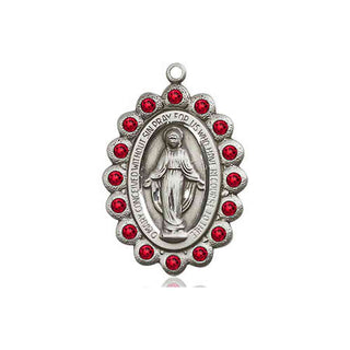 Pewter Miraculous Medal with Ruby Swarovski stones