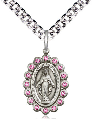 Pewter Miraculous Medal with Rose Swarovski stones Religious Jewelry
