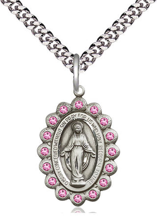Pewter Miraculous Medal with Rose Swarovski stones Religious Jewelry
