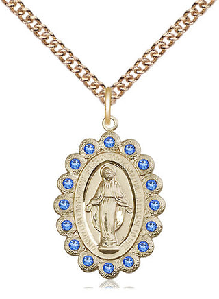 14kt Gold Miraculous Medal with Sapphire Swarovski stones