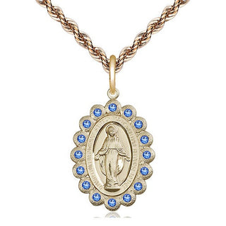 14kt Gold Miraculous Medal with Sapphire Swarovski stones