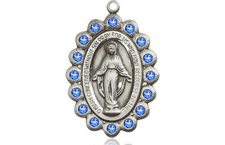 Pewter Miraculous Medal with Sapphire Swarovski stones