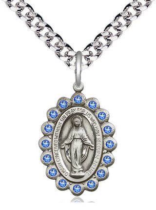 Pewter Miraculous Medal with Sapphire Swarovski stones Religious Jewelry