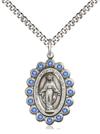 Pewter Miraculous Medal with Sapphire Swarovski stones Religious Jewelry