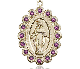 14kt Gold Miraculous Medal with Amethyst Swarovski stones