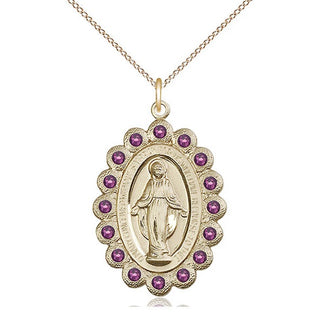 14kt Gold Miraculous Medal with Amethyst Swarovski stones