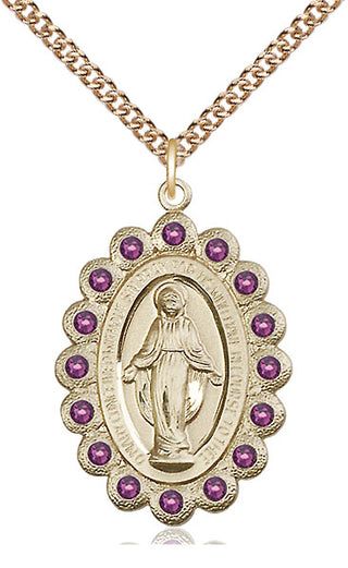 14kt Gold Miraculous Medal with Amethyst Swarovski stones