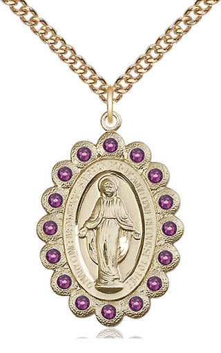 14kt Gold Miraculous Medal with Amethyst Swarovski stones
