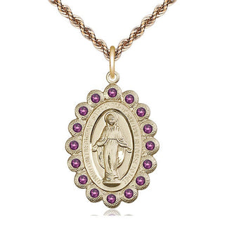 14kt Gold Miraculous Medal with Amethyst Swarovski stones