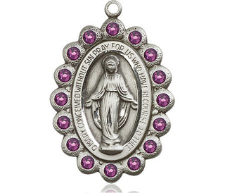 Pewter Miraculous Medal with Amethyst Swarovski stones