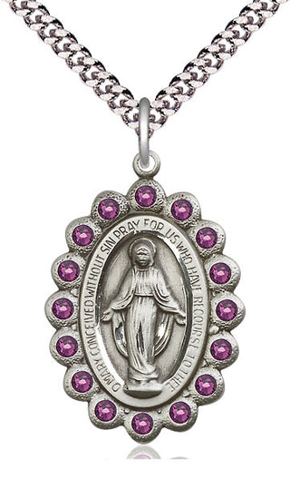 Pewter Miraculous Medal with Amethyst Swarovski stones Catholic Jewelry