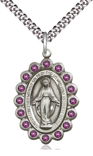 Pewter Miraculous Medal with Amethyst Swarovski stones Catholic Jewelry