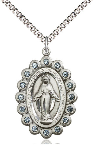 Pewter Miraculous Medal with Aqua Swarovski stones Catholic Jewelry