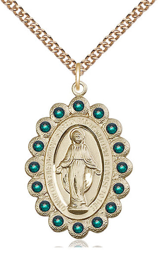 14kt Gold Miraculous Medal with Emerald Swarovski stones