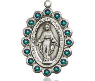 Pewter Miraculous Medal with Emerald Swarovski stones