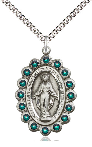 Pewter Miraculous Medal with Emerald Swarovski stones Catholic Jewelry