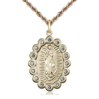 14kt Gold Our Lady of Guadalupe Medal with Aqua Swarovski stones